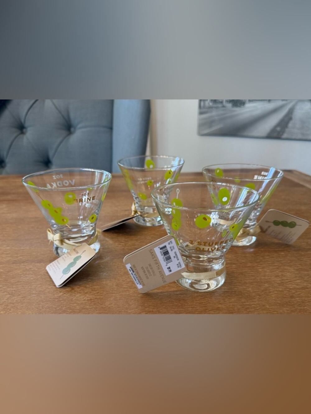 RARE Saks Fifth Ave Martini Glass Set Olive Print 4pc NWT